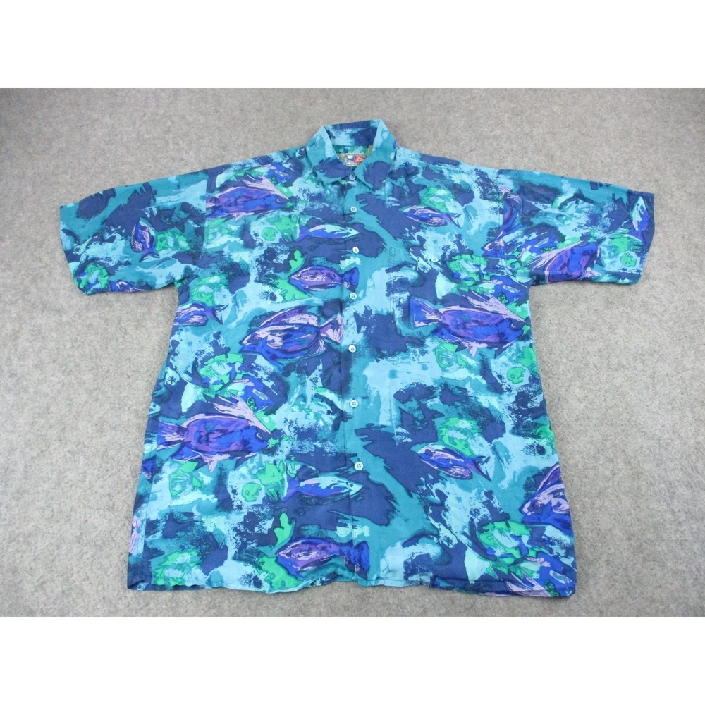 Hilo Hattie Shirt Mens Small Blue Teal Fish Print Silk Hawaiian Button Up Camp